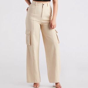 WINDSOR Cream Khaki High Waisted Wide Leg Cargo Pants
